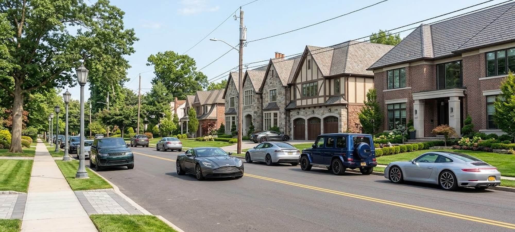 Cars driving and parked along a tree-lined residential street of large brick and stone homes on a sunny day