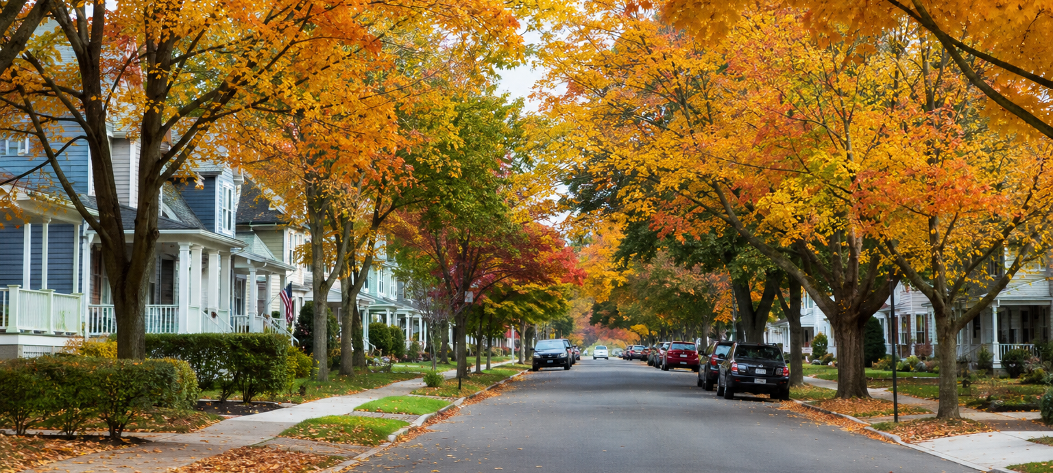 A residential street lined with houses and maple trees in orange and yellow fall color, with fallen leaves on the sidewalks and cars parked along the curb