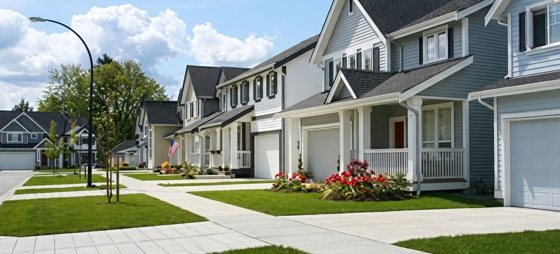 A row of two-story suburban homes with gray siding, white trim, green lawns and red flower beds along a sidewalk on a sunny summer day