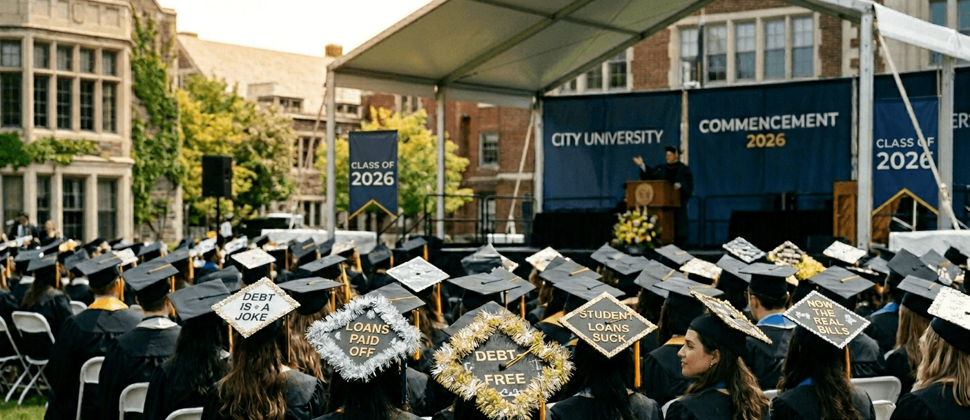 Graduates seen from behind at a 2026 university commencement, their mortarboard caps decorated with student loan messages including Loans Paid Off, Debt Free, Student Loans Suck, and Now the Real Bills