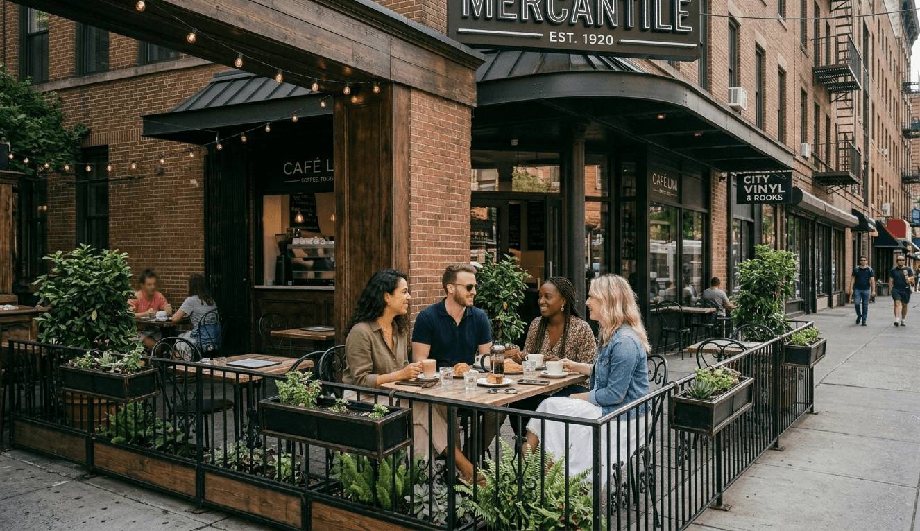 Young workers gathered outside a city caf�